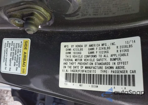 2015 Honda Accord Lx из США, поврежденный, VIN 1HGCR2F39FA038170